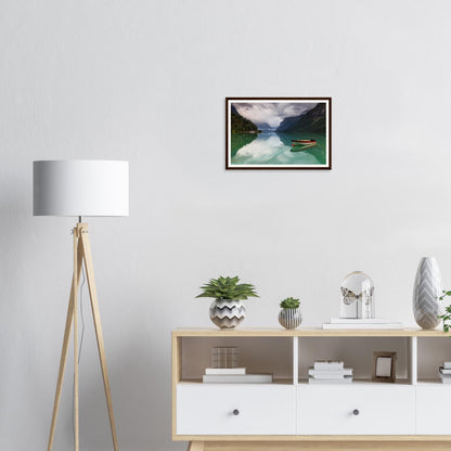 Lovatnet Lake framed wall art with towering mountains and mist
