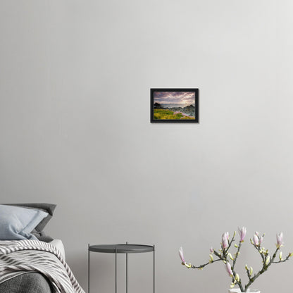 Canvas artwork of Guernsey coast with beacon and floral detail