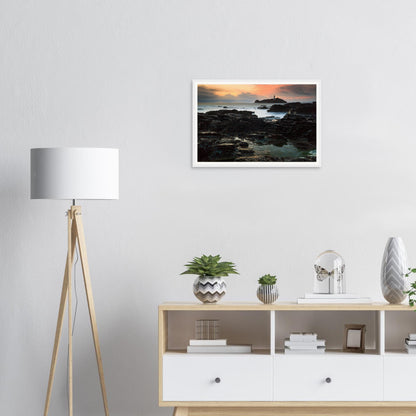 Sunset interplay of light and shadow at Godrevy Lighthouse print