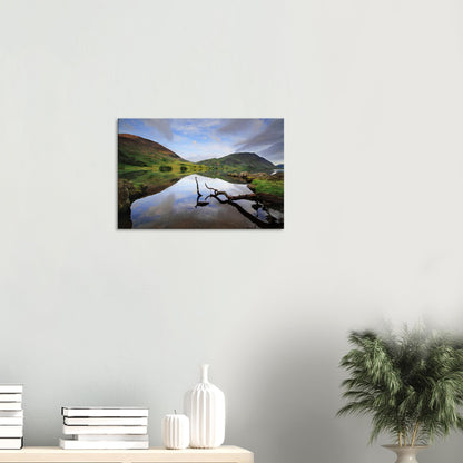 Lake District canvas print of Crummock Water showing a still lake surface, a single branch in the foreground, and soft reflections of fells and sky.
