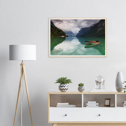 Scenic Norwegian lake framed print of Lovatnet with reflections
