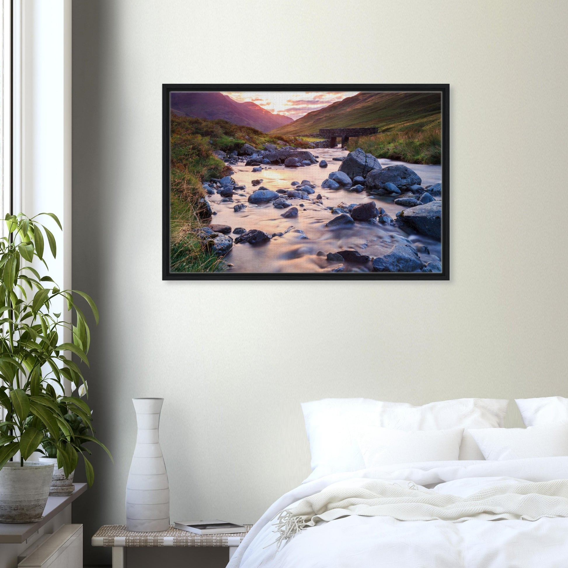 Framed landscape of Honister Pass with warm light and stones