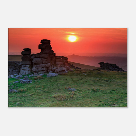 Fiery Dartmoor sunset behind granite outcrops at Great Staple Tor, canvas artwork.