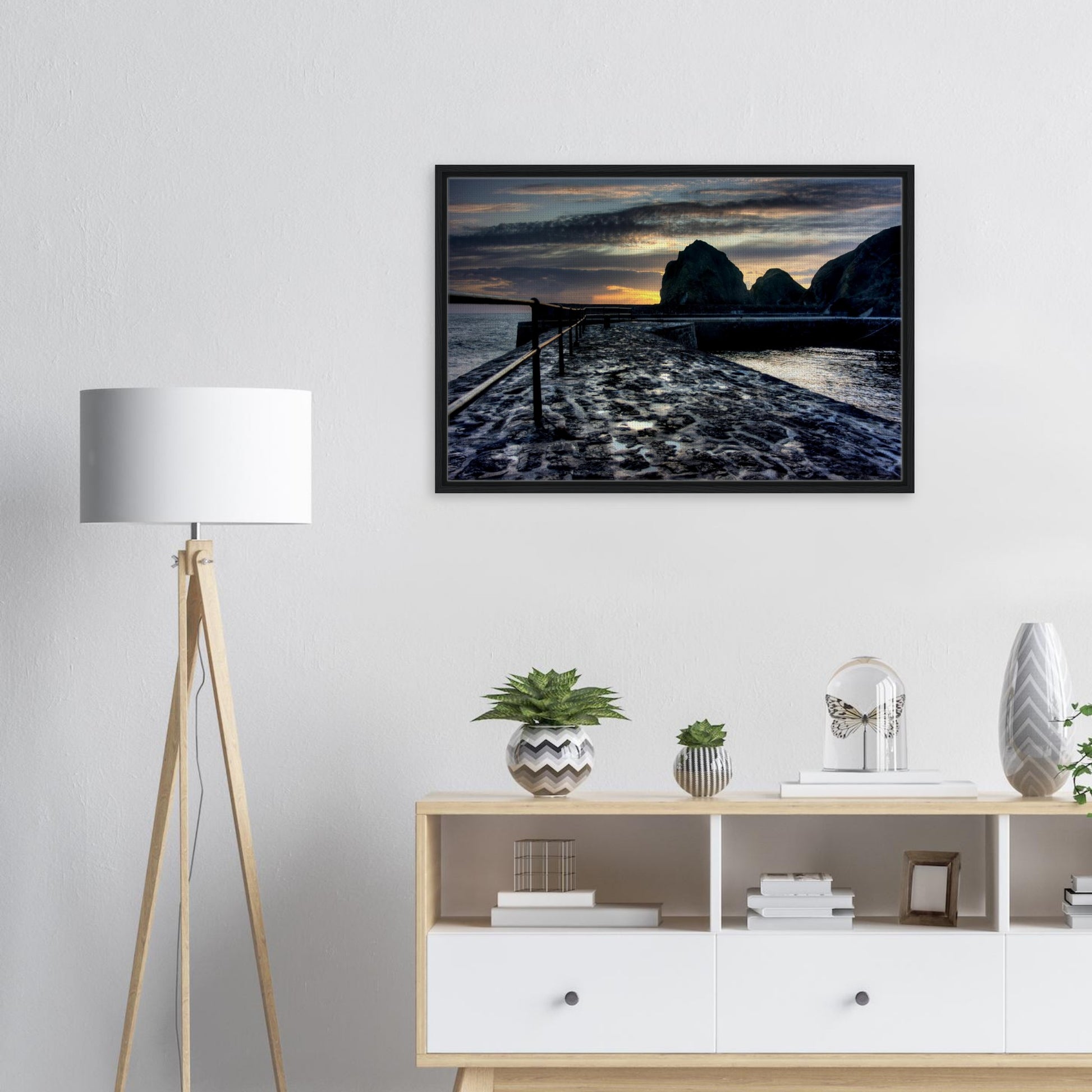 Coastal Cornish landscape with slipway and soft dusk glow