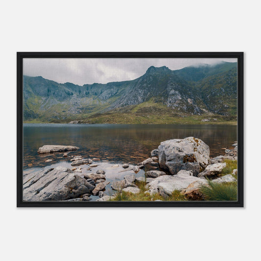 Snowdonia lake scene with rocky shoreline artwork