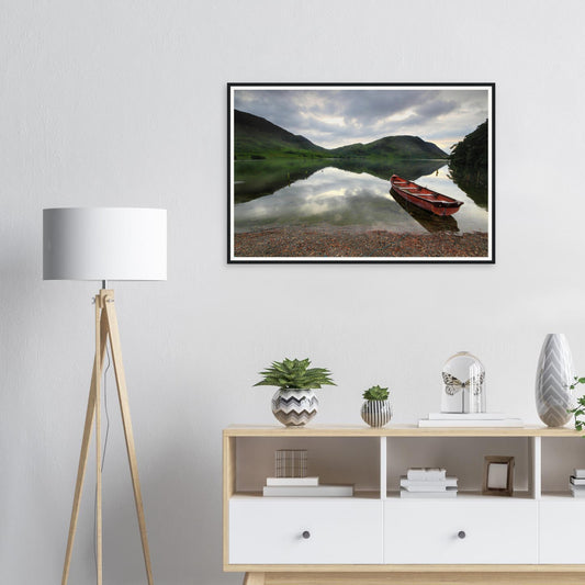 Framed print of Crummock Water in the Lake District with red boat
