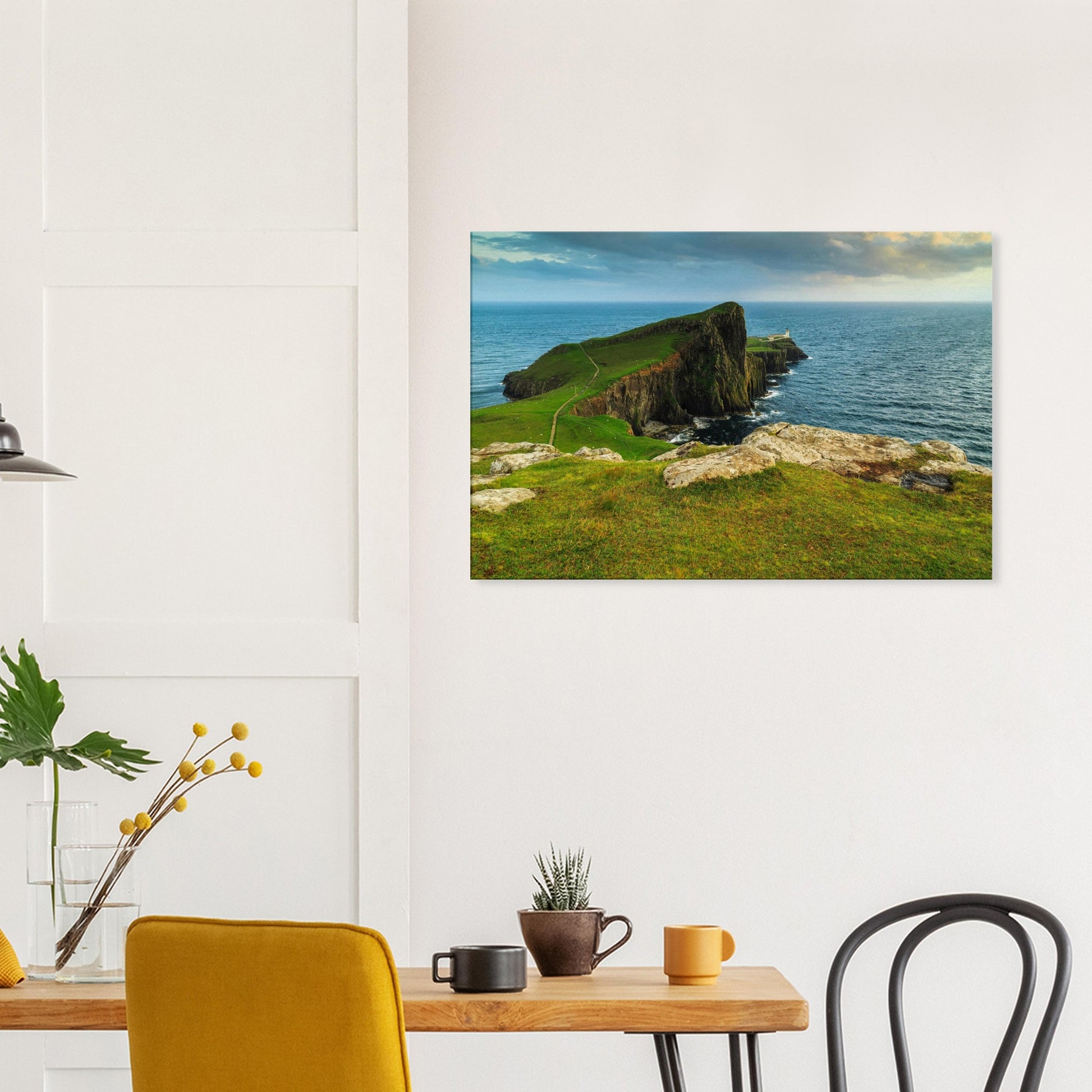 Canvas print of Scotland’s Neist Point where rugged cliffs meet the crashing ocean below.