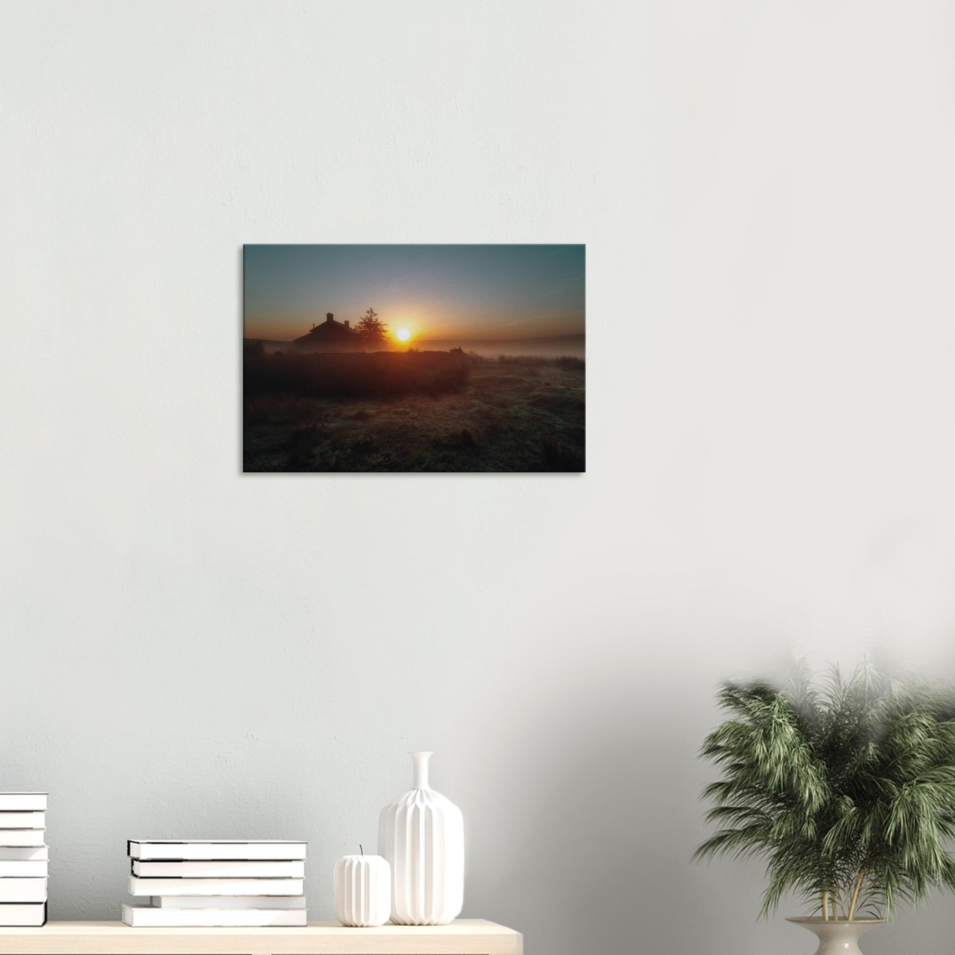 Atmospheric moorland sunrise with Nun’s Cross Farm silhouette in Devon