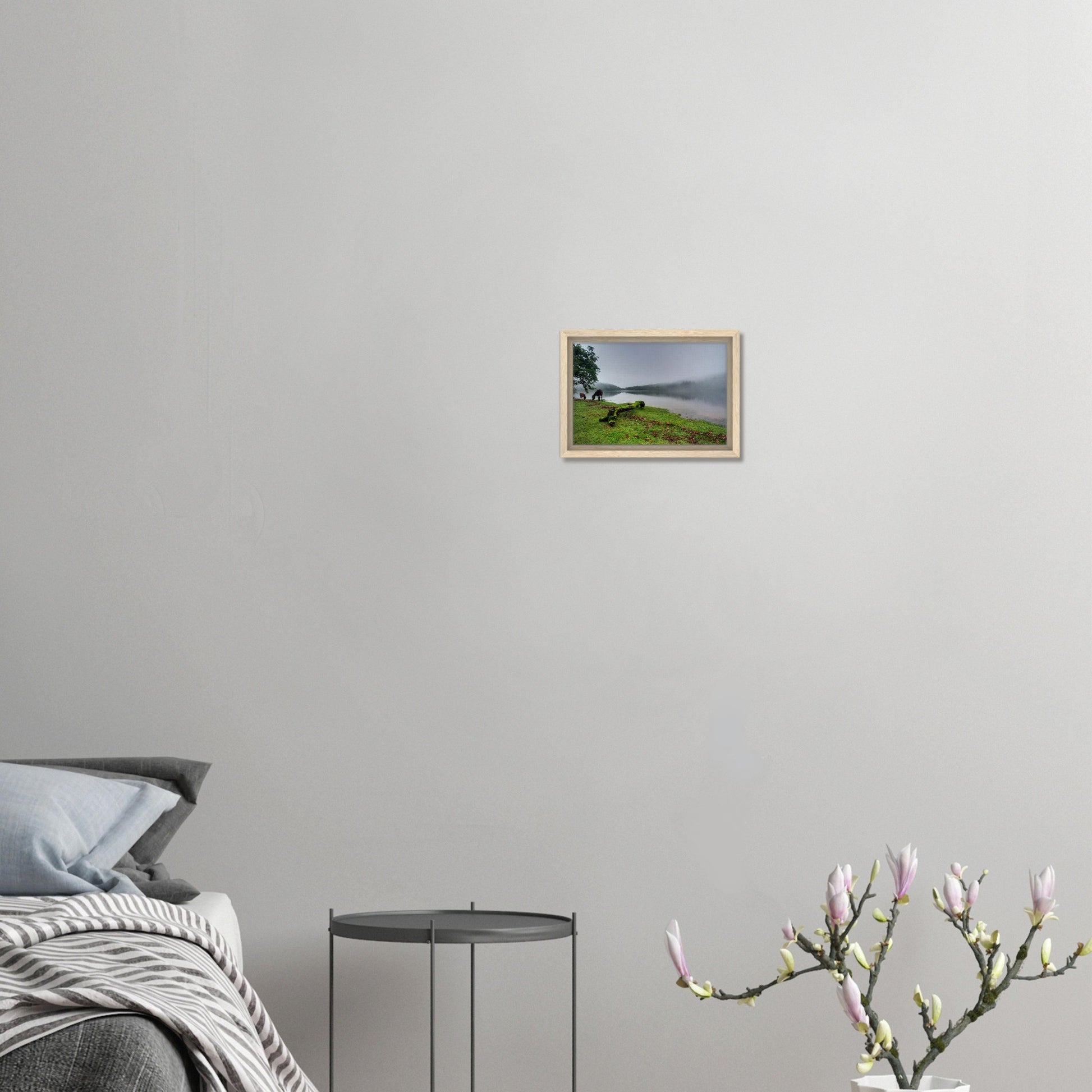 Framed canvas of serene Dartmoor morning by the reservoir