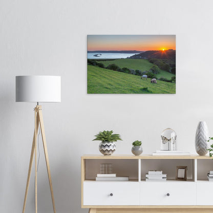 Sunset landscape canvas art of Plymouth Sound and hillside scene