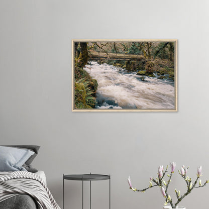 Dartmoor framed canvas with bridge and rushing stream