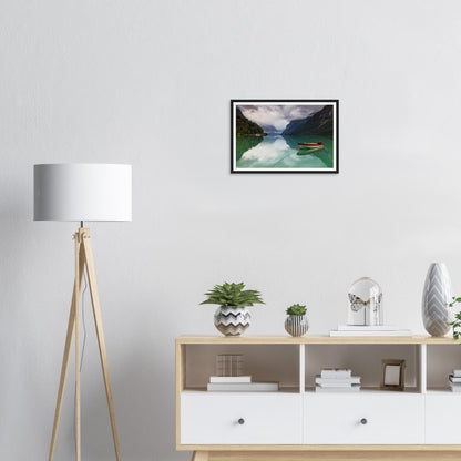 Scenic framed print of Lovatnet Lake with calm waters