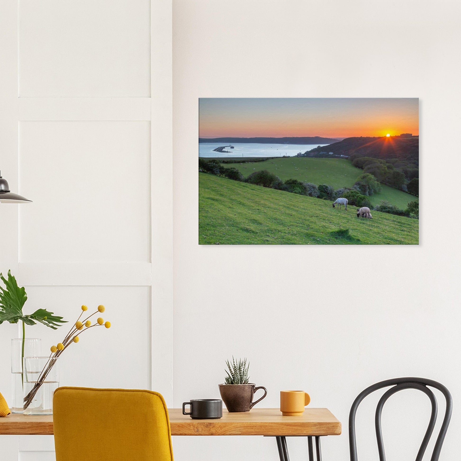 Devon shoreline sunset with sheep and sea view on canvas