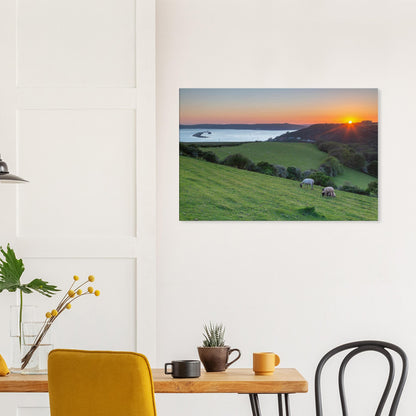 Devon shoreline sunset with sheep and sea view on canvas