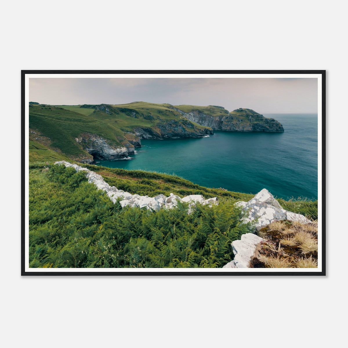 Scenic framed wall art of Trethevy Tintagel cliffs and sea
