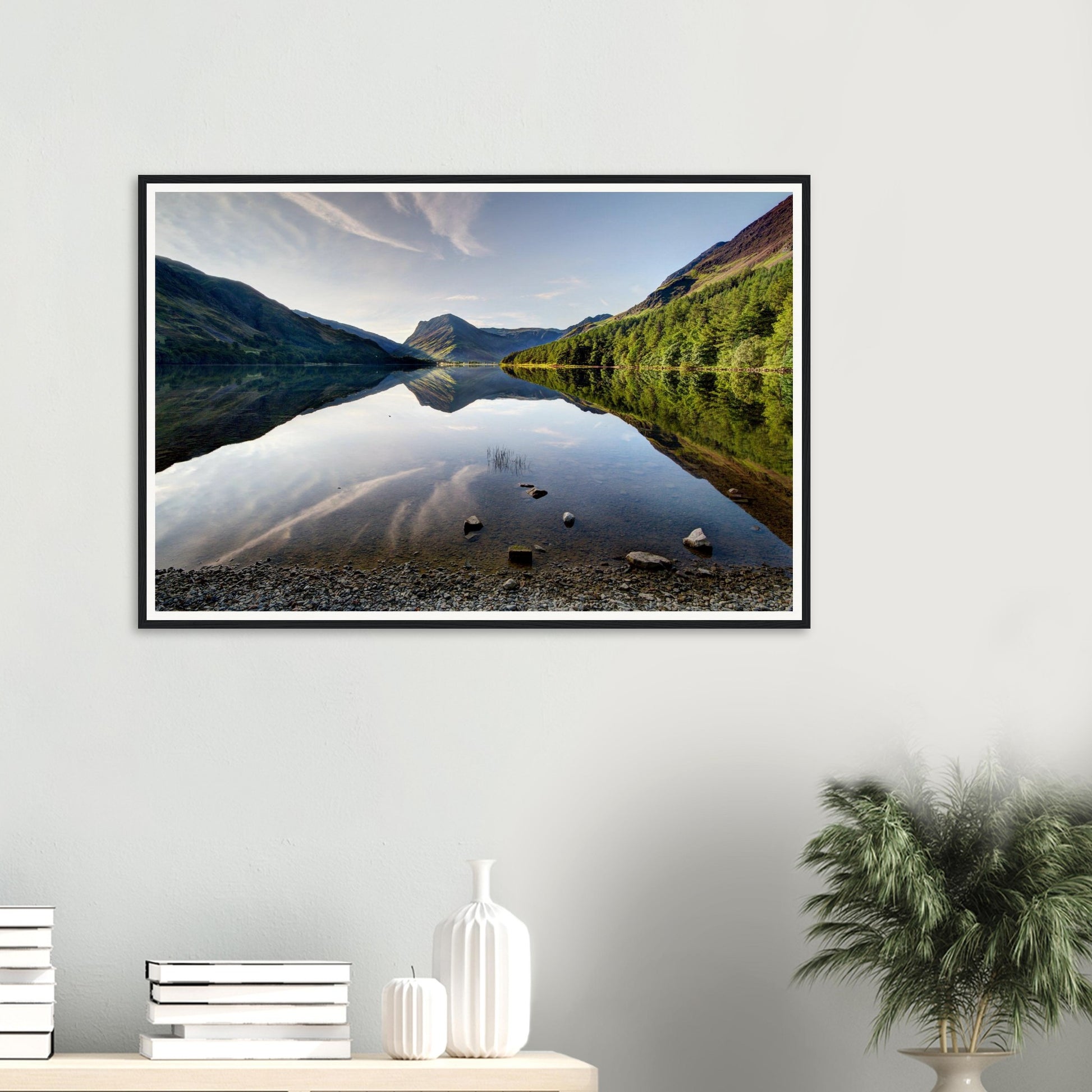 Lake District framed art of Buttermere reflections and fells