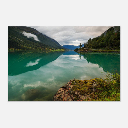 Tranquil mirrored lake scene in Norway’s Oldevatnet valley, wall art.