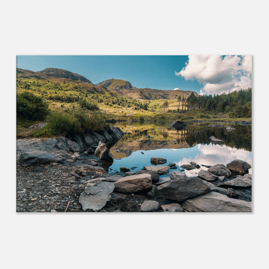 Tranquil Snowdonia lake scene captured in wall art print