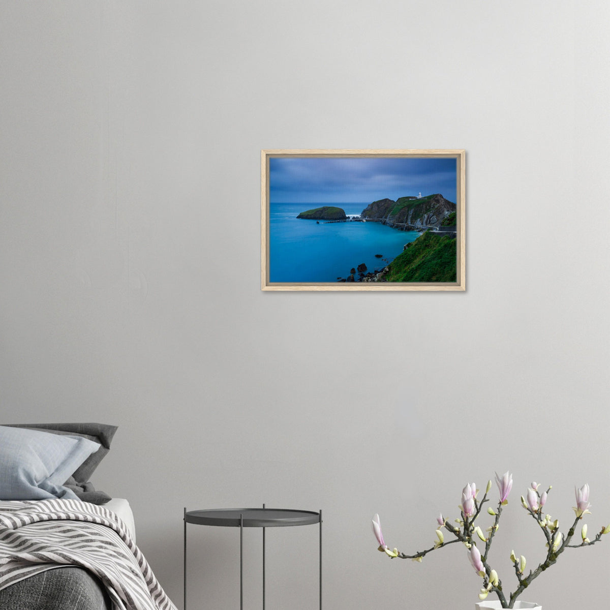 Calm water and cliffs at dusk on Lundy Island in print