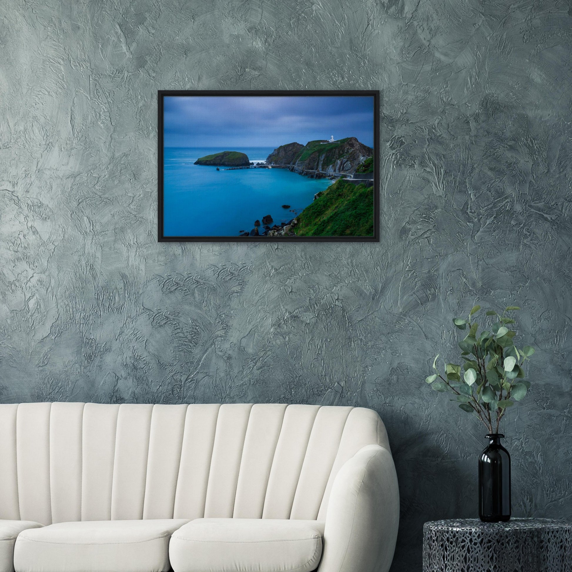 Lundy Island coast and lighthouse under twilight sky in print