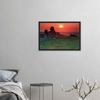 Warm light over Dartmoor outcrops in framed canvas artwork