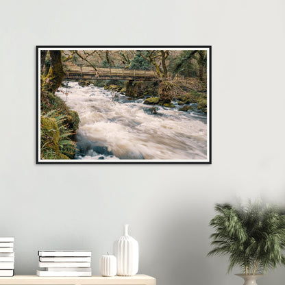 Scenic framed print of River Plym cascade in lush Dartmoor forest