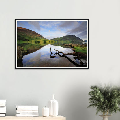 Serene Lake District framed wall art of Crummock Water and branch