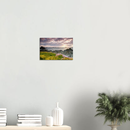 Scenic canvas featuring Pleinmont Point at sunset with wildflowers in the foreground and Les Hanois Lighthouse framed by sunbeams.