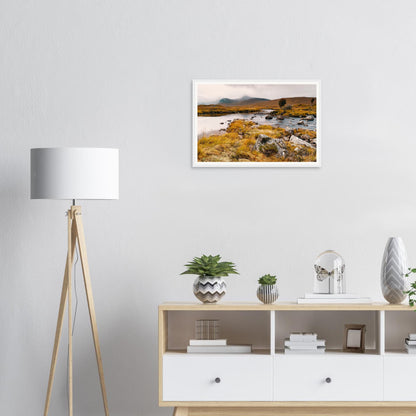 Golden grasses along Loch Ba shoreline framed print Scotland