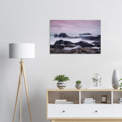 Godrevy Lighthouse wall art with long-exposure waves, black rocks, and a peaceful, colour-blended Cornish sky.