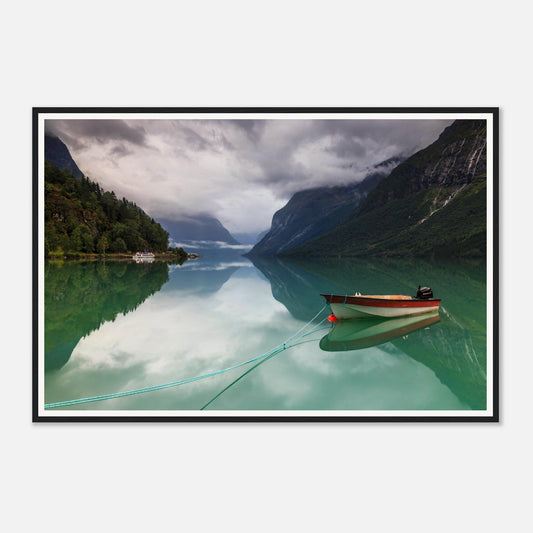 Solitary boat floating on Lovatnet Lake framed wall art