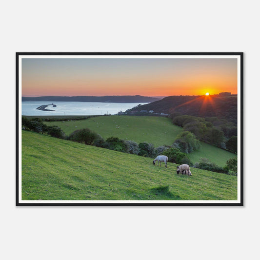 Scenic framed wall art of Plymouth Sound hillside at dusk