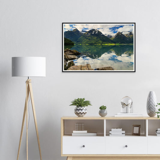 Framed print of Strynevatnet Lake in Norway with mountain reflections