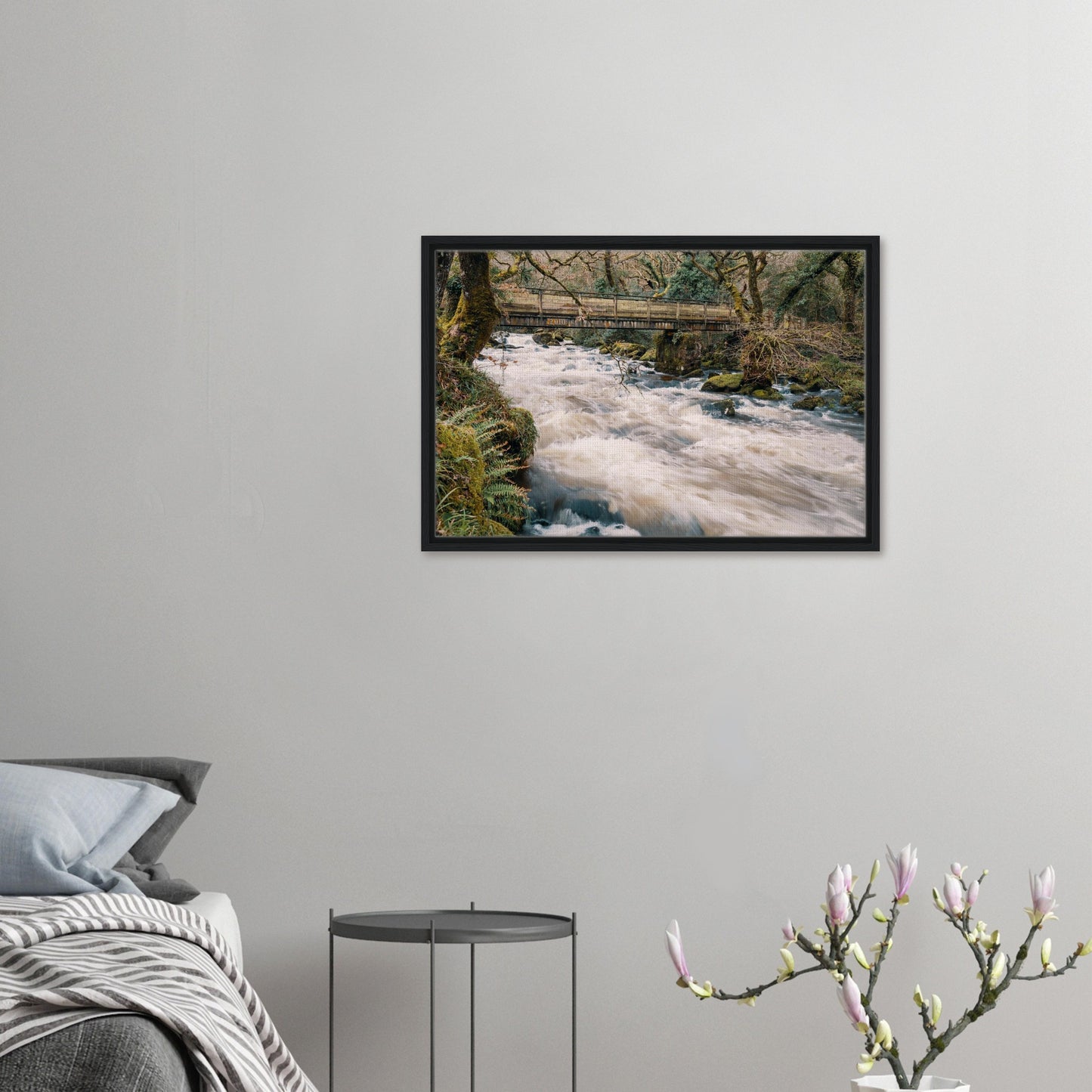 Framed canvas of fast-moving Dartmoor river under bridge