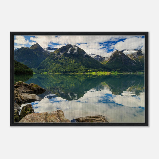 Norwegian landscape with mirrored clouds on lake surface