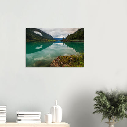 Reflections of overcast sky on Oldevatnet Lake, Norwegian nature canvas.