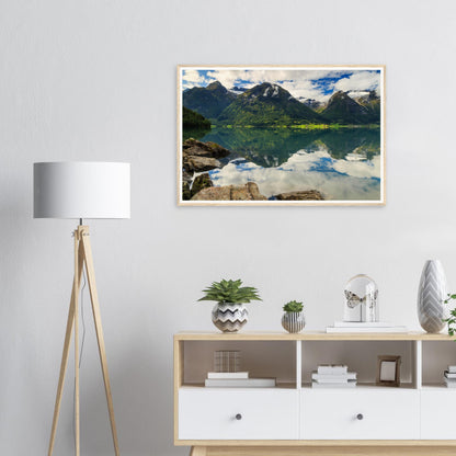 Scenic Norwegian lake framed print with dramatic peaks