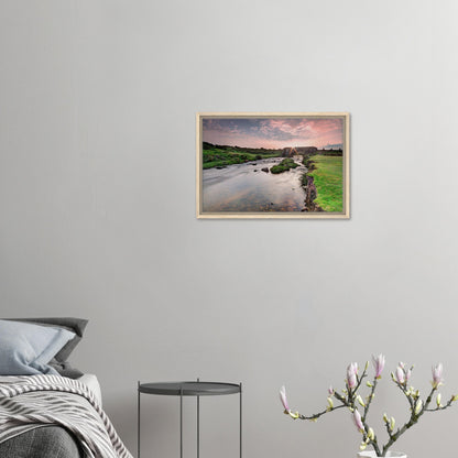 Dartmoor framed canvas with warm sunrise glow and historic bridge
