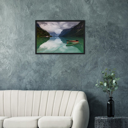 Landscape print of Lovatnet Lake in calm, moody light