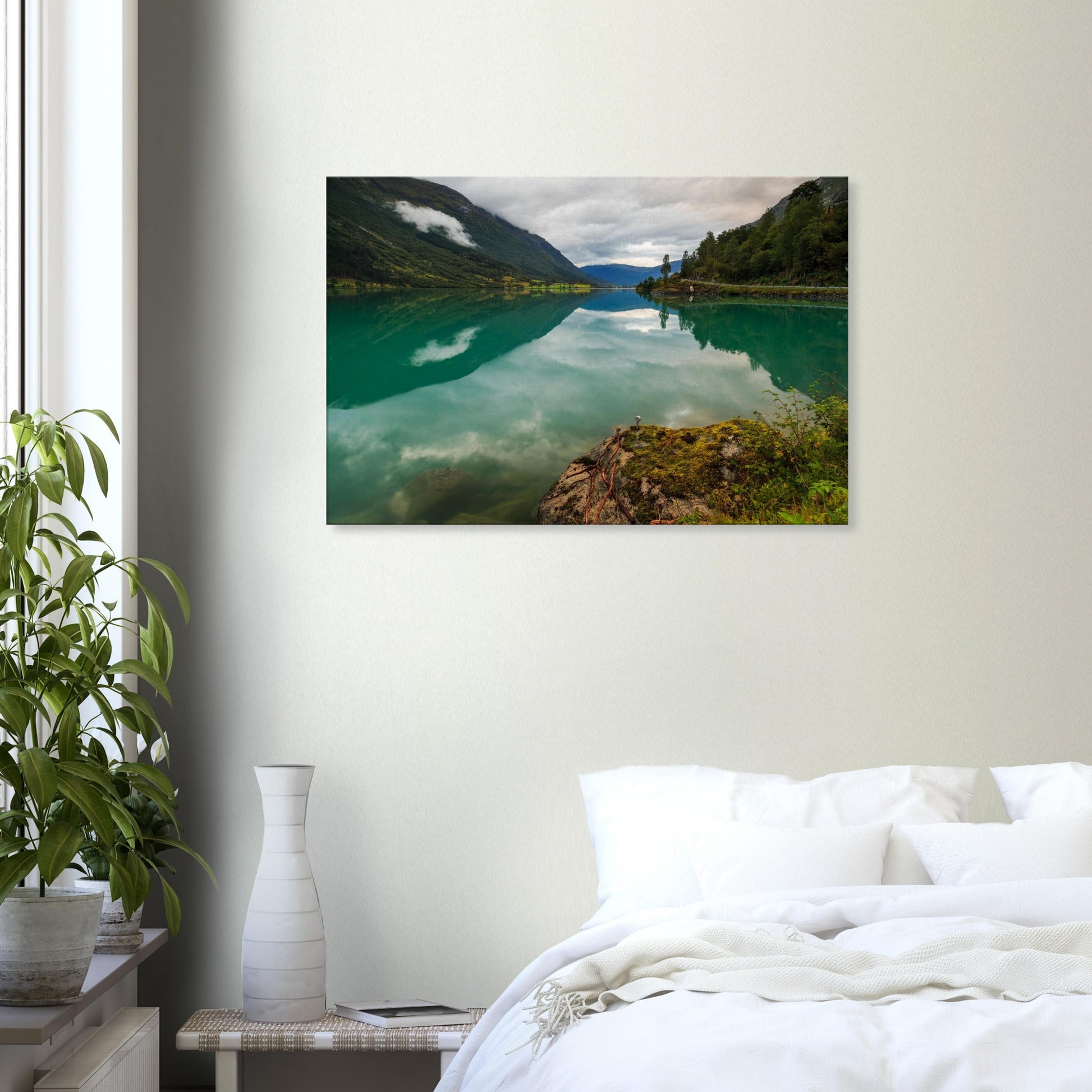 Oldevatnet Lake in western Norway with dramatic symmetry, canvas decor.