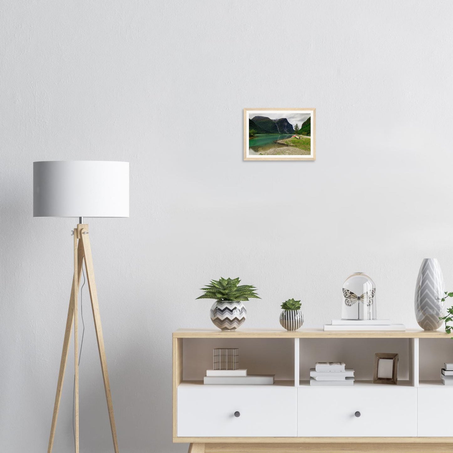 Norwegian countryside framed wall art with waterfall and lake