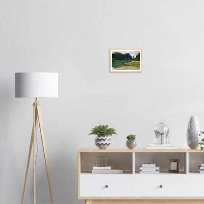 Norwegian countryside framed wall art with waterfall and lake