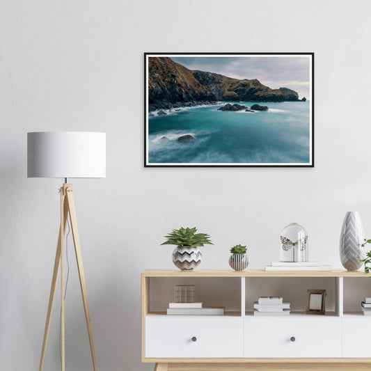 Framed print of Mullion Cove Cornwall with rugged cliffs