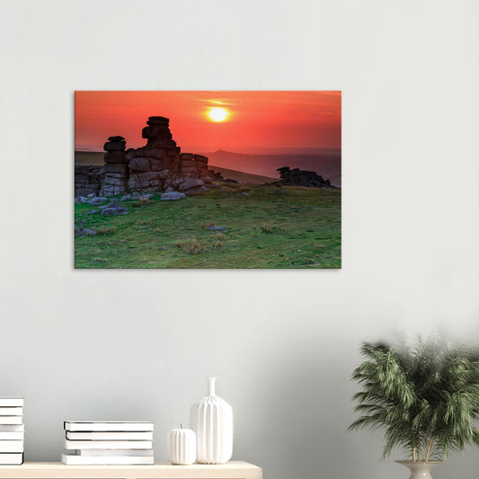 Canvas print of sunset over Great Staple Tor in Dartmoor National Park.