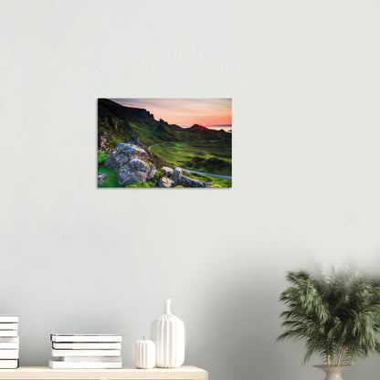 Isle of Skye landscape canvas featuring The Quiraing’s winding road snaking through a valley beneath a colorful sunset sky.