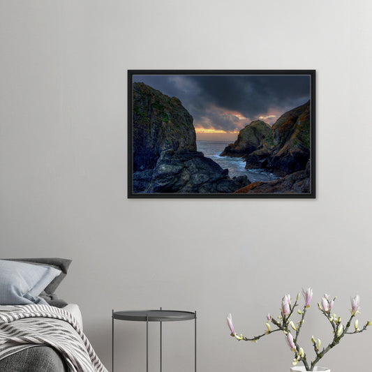 Framed canvas print of Mullion Cove at sunset in Cornwall