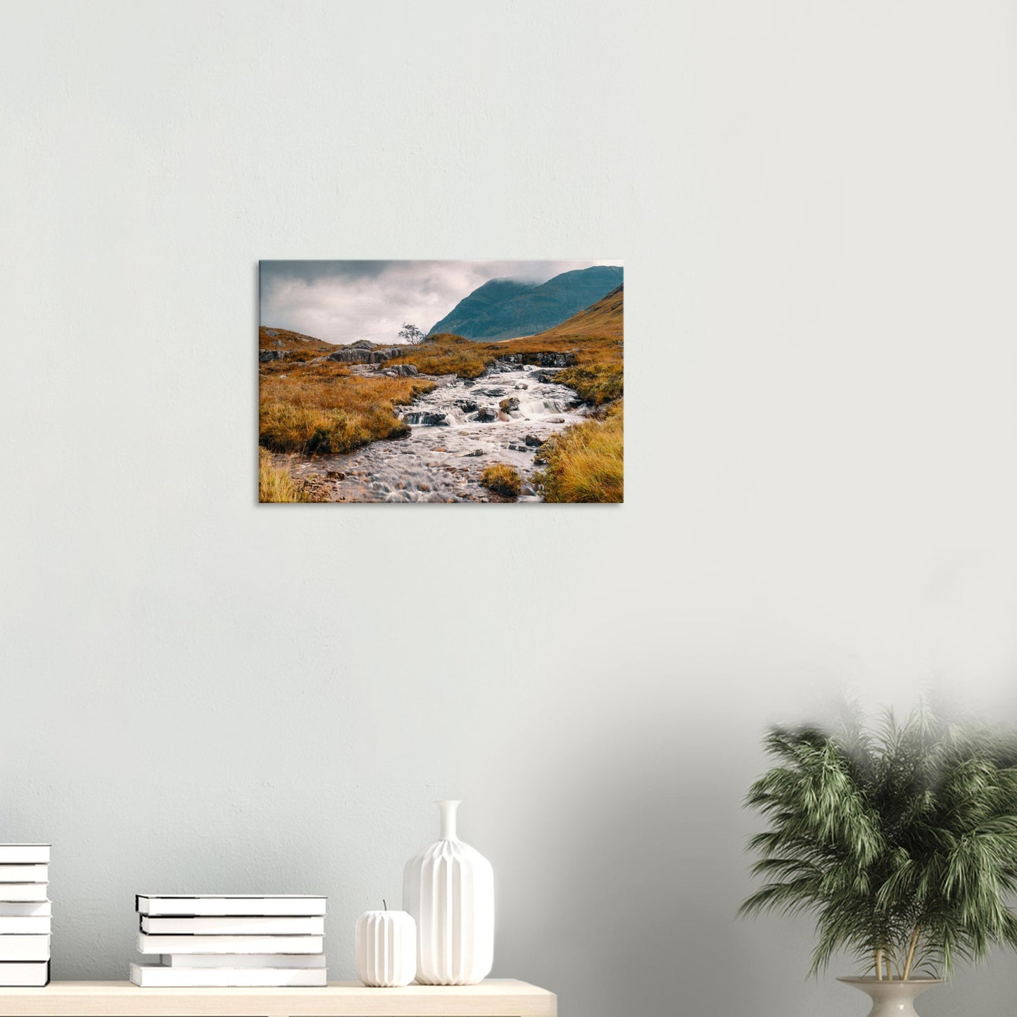 Atmospheric Highland canvas with water, rocks, and peaks
