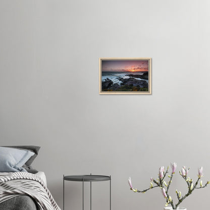 Framed canvas of rugged coastline at Heybrook Bay during golden hour