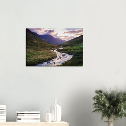 Scenic canvas featuring Honister Pass in the Lake District, glowing with warm sunset light and misty mountains in the background.