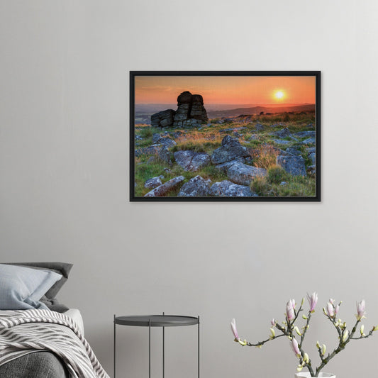 Framed canvas of Leeden Tor at sunset in Dartmoor